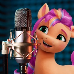 Size: 1080x1080 | Tagged: safe, sunny starscout, earth pony, pony, g5, my little pony: a new generation, my little pony: make your mark, official, female, irl, mane stripe sunny, mare, microphone, missing accessory, open mouth, open smile, photo, ponies in real life, recording studio, smiling, solo