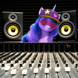Size: 1080x1080 | Tagged: safe, izzy moonbow, pony, unicorn, g5, my little pony: a new generation, my little pony: make your mark, official, female, grin, hat, irl, izzy the rapper, mare, mixing console, photo, ponies in real life, recording studio, shutter shades, smiling, solo, speaker, sunglasses