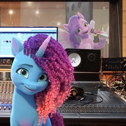 Size: 1080x1080 | Tagged: safe, misty brightdawn, pipp petals, pegasus, pony, unicorn, g5, my little pony: a new generation, my little pony: make your mark, official, adorapipp, akg k240, cute, duo, duo female, female, flying, headphones, irl, mare, microphone, mistybetes, mixing console, open mouth, open smile, photo, ponies in real life, rebirth misty, recording studio, smiling, spread wings, wings, yamaha ns-10m