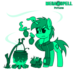 Size: 5000x4800 | Tagged: safe, artist:dacaoo, oc, oc only, oc:littlepip, pony, unicorn, fallout equestria, megaspell (game), absurd resolution, bonfire, clothes, fire, flower, jumpsuit, magic, monochrome, pip-pony, pipbuck, potion, simple background, telekinesis, thinking, transparent background, vault suit