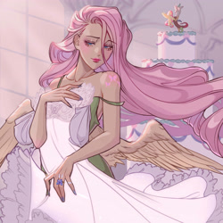 Size: 4092x4092 | Tagged: safe, artist:luverihu, discord, fluttershy, draconequus, human, pegasus, g4, absurd resolution, alternative cutie mark placement, breasts, cake, cake topper, clothes, cutie mark on human, dress, engagement ring, female, food, getting dressed, humanized, implied discoshy, implied shipping, implied straight, jewelry, long hair, male, ring, shoulder cutie mark, solo, spread wings, straight, wedding cake, wedding dress, winged humanization, wings