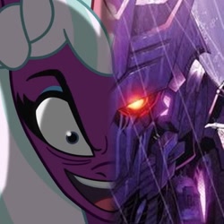 Size: 1080x1080 | Tagged: safe, edit, edited screencap, screencap, opaline arcana, alicorn, cybertronian, pony, robot, two sided posters, g5, i've seen fire and i've seen rain (bows), my little pony: tell your tale, spoiler:g5, spoiler:my little pony: tell your tale, spoiler:tyts01e54, decepticon, female, male, mare, photo, tarn, transformers, two sides