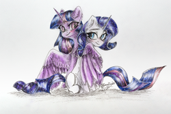 Size: 4413x2942 | Tagged: safe, artist:jsunlight, rarity, twilight sparkle, alicorn, pony, unicorn, fame and misfortune, g4, commission, duo, female, high res, hug, mare, scene interpretation, simple background, smiling, traditional art, twilight sparkle (alicorn), white background, winghug, wings