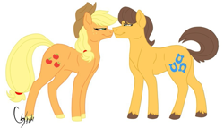 Size: 935x536 | Tagged: source needed, safe, artist:colourstrike, applejack, caramel, earth pony, pony, g4, female, male, mare, ship:carajack, shipping, simple background, stallion, straight, white background