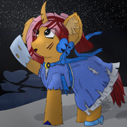Size: 4000x4000 | Tagged: safe, artist:spiroudada, oc, oc:dolly hooves, pony, unicorn, bow, clothes, cold, cute, dress, ice, night, scratches, shoes, solo, winter