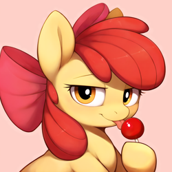 Size: 2000x2000 | Tagged: prompter needed, safe, ai assisted, ai content, apple bloom, earth pony, pony, g4, bust, candy, female, filly, foal, food, high res, hoof hold, licking, lollipop, looking at you, pink background, portrait, simple background, solo, tongue out