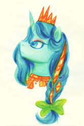 Size: 2180x3288 | Tagged: safe, artist:equmoria, alicorn, pony, :/, barely pony related, bow, bust, cora (melowy), crown, eyeshadow, hair bow, high res, jewelry, makeup, marker drawing, melowy, mixed media, necklace, portrait, regalia, solo, sparkles, traditional art