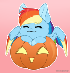 Size: 1428x1500 | Tagged: safe, artist:volodyanocturne, rainbow dash, pegasus, pony, g4, chibi, commission, crossed hooves, eyes closed, feathered wings, female, gradient background, halloween, holiday, jack-o-lantern, multicolored hair, pegasus wings, pumpkin, rainbow hair, smiling, solo, spread wings, wings, ych result