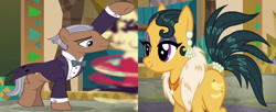 Size: 1960x800 | Tagged: safe, edit, edited screencap, screencap, betty hoof, cleopatra jazz, gallant starpalm, earth pony, pony, dungeons and discords, g4, my little pony: friendship is magic, bowtie, clothes, coattails, crack shipping, cropped, ear piercing, earring, feather boa, female, jewelry, male, mare, necklace, piercing, shipping, shipping domino, stallion, straight, tuxedo