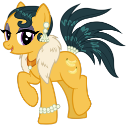 Size: 3000x3000 | Tagged: safe, artist:cheezedoodle96, edit, vector edit, cleopatra jazz, earth pony, pony, dungeons and discords, g4, .svg available, bracelet, ear piercing, earring, eyeshadow, feather boa, female, fur scarf, high res, jewelry, lidded eyes, looking at you, makeup, mare, necklace, pearl, piercing, raised hoof, simple background, smiling, solo, svg, tail, tail wrap, transparent background, vector