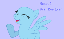 Size: 1165x719 | Tagged: safe, artist:howardthebrony38, pegasus, pony, g4, season 1, sonic rainboom (episode), bald, base, best day ever, eyes closed, female, lavender background, mare, ms paint, purple text, simple background, smiling, solo, talking, text, trace