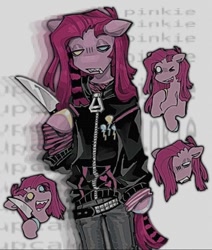 Size: 814x958 | Tagged: safe, artist:girl-bug 925, pinkie pie, earth pony, pony, anthro, g4, alternate versions at source, arm hooves, belt, clothes, coontails, denim, drool, frown, heterochromia, hoof on chest, jacket, jeans, knife, lidded eyes, mismatched hooves, one eye closed, open mouth, pants, pinkamena diane pie, sharp teeth, smiling, solo, teeth, text, wink