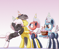 Size: 1999x1660 | Tagged: safe, artist:trackheadtherobopony, oc, oc:onyxstar (fl), oc:silverstream (robot pony), oc:thunder (fl), oc:trackhead, pegasus, pony, robot, robot pony, bipedal, birthday, birthday cake, butt, cake, choker, clothes, eyes closed, female, food, freckles, hat, male, mare, party hat, plot, spiked choker, stallion, stockings, thigh highs