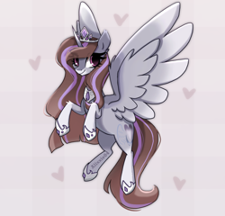 Size: 1950x1870 | Tagged: safe, artist:_alixxie_, oc, oc only, alicorn, pony, alicorn oc, eye clipping through hair, female, horn, looking at you, mare, smiling, smiling at you, solo, spread wings, wings