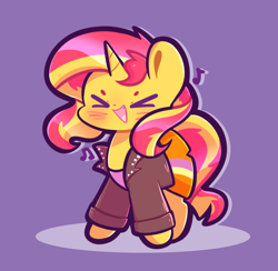 Size: 1320x1287 | Tagged: safe, artist:typhwosion, sunset shimmer, pony, unicorn, g4, ><, chibi, clothes, equestria girls outfit, eyes closed, jacket, leather, leather jacket, music notes, purple background, simple background, solo