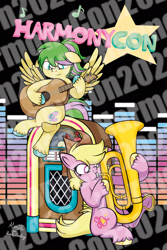 Size: 1280x1921 | Tagged: safe, artist:alexdti, oc, oc only, oc:harmonic tune, oc:harmony star, pony, harmonycon, duo, guitar, jukebox, musical instrument, poster, tuba