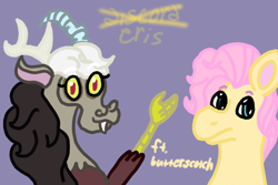 Size: 1500x1000 | Tagged: safe, artist:mintwhistle, discord, fluttershy, draconequus, pegasus, pony, g4, bust, butterscotch, crossed out, duo, duo male and female, eris, female, frown, horns, long hair, looking at you, looking back, male, medibang paint, mismatched horns, purple background, rule 63, simple background, smiling, snaggletooth, spray paint, stallion, two toned hair, waving, waving at you