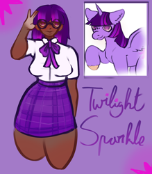 Size: 3500x4000 | Tagged: safe, artist:bloodymattress, twilight sparkle, alicorn, human, pony, g4, alternate hairstyle, blushing, bowtie, breasts, busty twilight sparkle, clothes, cute, dark skin, female, glasses, humanized, mare, purple background, shirt, simple background, solo, twiabetes, twilight sparkle (alicorn), unshorn fetlocks