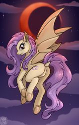 Size: 1280x2014 | Tagged: safe, artist:nira the dark, fluttershy, bat pony, pegasus, pony, g4, bat ponified, blood moon, butt, cloud, crescent moon, dock, ear fluff, ears back, eyelashes, fangs, featureless crotch, female, flutterbat, flutterbutt, flying, implied anus, looking at you, mare, moon, night, night sky, plot, race swap, raised tail, rear view, sky, solo, spread wings, stars, tail, wings