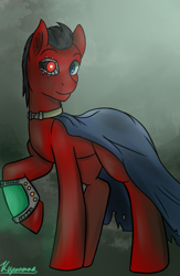 Size: 705x1080 | Tagged: safe, artist:kirieshka, oc, oc only, oc:red eye, cyborg, earth pony, pony, fallout equestria, cape, clothes, cyber eyes, looking at you, male, pipbuck, raised leg, solo, stallion