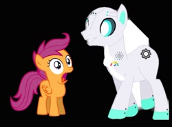Size: 933x687 | Tagged: safe, edit, scootaloo, oc, oc only, oc:robot pony-3000, pegasus, pony, robot, robot pony, g4, black background, canon x oc, female, filly, foal, scootbot-3000, shipping, simple background