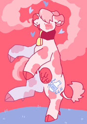Size: 668x944 | Tagged: safe, artist:jackrabbit, oc, oc only, cow, bell, bovine, cattle, cloud, collar, cowbell, grass, hair, hooves, intersex, limited palette, male, mammal, piercing, smelling, smiling, solo, trans male, transgender, udder
