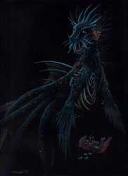 Size: 4675x6429 | Tagged: safe, artist:cahandariella, oc, earth pony, fish, pony, black background, bubble, colored pencil drawing, coral, dark, female, fins, flowing mane, flowing tail, mare, ocean, sea monster, simple background, swimming, tail, traditional art, underwater, water