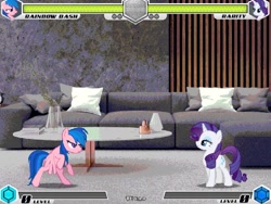 Size: 1080x810 | Tagged: safe, artist:tom artista, firefly, rainbow dash, rarity, fighting is magic, g1, g4, bipedal, couch, fan game, game screencap, glass, mat, new, room, stage, table