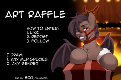 Size: 2285x1511 | Tagged: safe, artist:orhi_fw, oc, oc only, oc:nightdare, bat pony, antlers, christmas, fire, fireplace, holiday, male, prize, raffle, solo