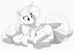 Size: 4096x2854 | Tagged: safe, artist:pabbley, princess celestia, alicorn, pony, g4, butt, cute, cutelestia, dock, eye clipping through hair, female, grayscale, looking back, lying down, mare, monochrome, on side, partial color, plot, simple background, solo, sunbutt, tail, white background