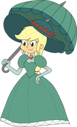 Size: 1024x1672 | Tagged: safe, artist:rarity525, applejack, human, equestria girls, g4, alternate clothes, alternate hairstyle, applejack also dresses in style, clothes, dress, evening gloves, female, gloves, gown, hat, june may, long gloves, poofy shoulders, simple background, smiling, solo, transparent background, umbrella, unicorn eternal warriors, victorian, victorian dress