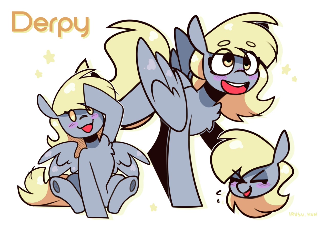 [:d,blushing,chest fluff,derpy hooves,eyebrows,eyes closed,g4,multeity,open mouth,pegasus,pony,safe,salute,simple background,sitting,solo,stars,white background,wings,xd,smiling,spread wings,folded wings,blush sticker,beanbrows,artist:lrusu,open smile]