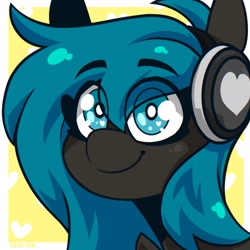 Size: 2048x2048 | Tagged: safe, artist:lrusu, oc, oc only, pony, blue eyes, closed mouth, headphones, heart, high res, simple background, smiling, solo, sparkly eyes, wingding eyes, yellow background