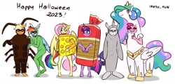 Size: 2048x988 | Tagged: safe, artist:lrusu, applejack, fluttershy, pinkie pie, princess celestia, rainbow dash, rarity, twilight sparkle, alien, cockroach, earth pony, insect, narwhal, pegasus, pony, seal, unicorn, anthro, unguligrade anthro, g4, blushing, bread costume, cheese, cheese costume, closed mouth, clothes, costume, crown, eyes closed, eyeshadow, female, food, food costume, grin, group, halloween, halloween costume, hoof shoes, implied princess celestia, jewelry, makeup, mane six, mare, peytral, pony costume, regalia, sextet, simple background, smiling, standing, sunglasses, thumbs up, tiara, unamused, white background