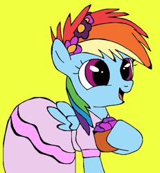 Size: 736x795 | Tagged: safe, artist:mojo1985, rainbow dash, pegasus, pony, g4, age regression, clothes, cute, cuteness overload, dashabetes, dress, female, filly, filly rainbow dash, flower, flower filly, flower girl, flower girl dress, flower in hair, foal, open mouth, open smile, rainbow dash always dresses in style, simple background, smiling, solo, yellow background, younger