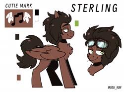 Size: 2048x1513 | Tagged: safe, artist:lrusu, oc, oc only, oc:sterling, pegasus, pony, chest fluff, chin fluff, closed mouth, folded wings, goggles, goggles on head, green eyes, lidded eyes, looking at you, pegasus oc, reference sheet, side view, simple background, smiling, solo, text, white background, wings