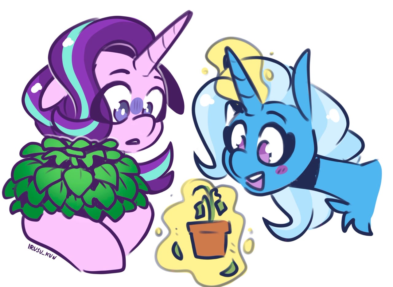 [blushing,chest fluff,duo,female,g4,levitation,magic,magic aura,mare,open mouth,plant,pony,pot,safe,simple background,telekinesis,trixie,unicorn,white background,horrified,duo female,potted plant,starlight glimmer,looking at something,smiling,blush sticker,ears back,wrong magic color,artist:lrusu,phyllis]