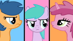 Size: 640x360 | Tagged: safe, artist:rain-approves, aura (g4), first base, ruby pinch, earth pony, pegasus, pony, unicorn, g4, adorabase, aura is not amused, aurabetes, base used, blue background, cute, female, first base is not amused, frown, lidded eyes, mare, narrowed eyes, older, older aura (g4), older first base, older ruby pinch, orange background, pegasus first base, pinchybetes, pink background, race swap, ruby pinch is not amused, simple background, stare, trio, unamused