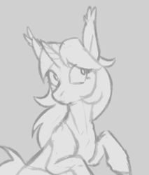 Size: 550x647 | Tagged: safe, artist:mr.catfish, oc, oc only, pony, unicorn, black and white, female, gray background, grayscale, monochrome, simple background, sketch, solo, sternocleidomastoid, turned head