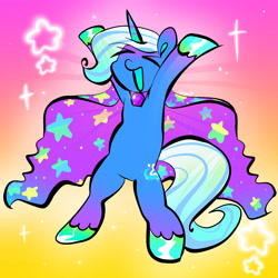 Size: 2048x2048 | Tagged: source needed, safe, artist:cinderthewolflady, trixie, pony, unicorn, g4, ><, bipedal, colored hooves, eyes closed, gradient background, happy, high res, horn, open mouth, open smile, smiling, solo