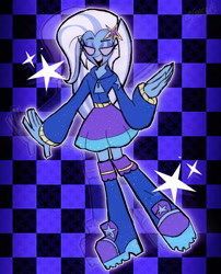 Size: 540x668 | Tagged: source needed, safe, artist:frekisroom, trixie, equestria girls, g4, abstract background, boots, clothes, high heel boots, hoodie, patterned background, shirt, shoes, skirt, solo