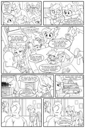 Size: 2400x3600 | Tagged: safe, artist:redruin01, applejack, fluttershy, pinkie pie, rainbow dash, rarity, twilight sparkle, oc, oc:anon, human, pegasus, pony, comic:dashing through the snow, g4, clothes, comic, couch, fireplace, high res, hoodie, monochrome, present