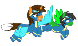 Size: 2867x1707 | Tagged: safe, artist:star-armour95, oc, oc only, oc:ej, oc:star armour, alicorn, pegasus, pony, clothes, flying, simple background, transparent background, uniform, wings, wonderbolts, wonderbolts uniform