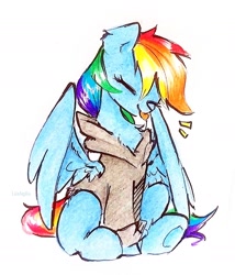 Size: 1540x1798 | Tagged: safe, artist:liaaqila, rainbow dash, pegasus, pony, g4, :p, clothes, commission, cute, dashabetes, eyes closed, female, happy, hoodie, mare, signature, simple background, sitting, smiling, solo, spread wings, tongue out, traditional art, underhoof, white background, wings