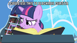 Size: 1066x600 | Tagged: safe, edit, edited screencap, editor:twi clown, screencap, twilight sparkle, pony, unicorn, friendship is magic, g4, blackmail, book, bookshelf, caption, female, image macro, mare, solo, text, twilight's canterlot home, unicorn twilight