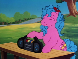 Size: 960x720 | Tagged: safe, screencap, melody, earth pony, pony, g1, my little pony tales, stand by me, bipedal, boombox, compact cassette, eyes closed, female, filly, foal, music player, solo