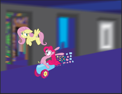 Size: 666x517 | Tagged: safe, artist:polorenzielephant, fluttershy, pinkie pie, earth pony, pegasus, pony, g4, blurry background, female, hallway, illustrator, mare, party cannon, photoshop, vector