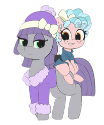 Size: 2215x2681 | Tagged: safe, artist:pabbley, color edit, edit, cozy glow, maud pie, earth pony, pegasus, pony, g4, clothes swap, colored, cozybetes, cute, duo, ear fluff, female, filly, foal, freckles, high res, mare, maudabetes, simple background, smiling, when she smiles, white background, winter clothes, wrong eye color