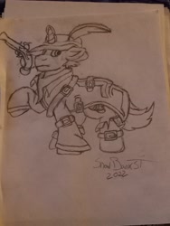 Size: 4608x3456 | Tagged: safe, artist:snowbankst, oc, oc only, oc:powder keg, pony, unicorn, buckle, flintlock, gun, handgun, monochrome, pirate, pistol, raised hoof, solo, traditional art