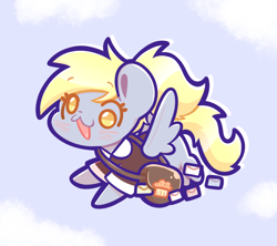 Size: 1814x1611 | Tagged: safe, artist:typhwosion, derpy hooves, pegasus, pony, g4, bag, chibi, female, flying, mailbag, mailmare, mare, open mouth, open smile, ponytail, sky background, smiling, solo